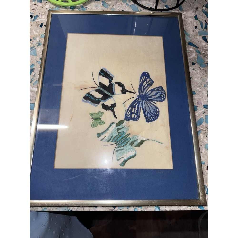 Vtg Needlepoint Butterflies Picture Needs Cleaning & Repositioning
